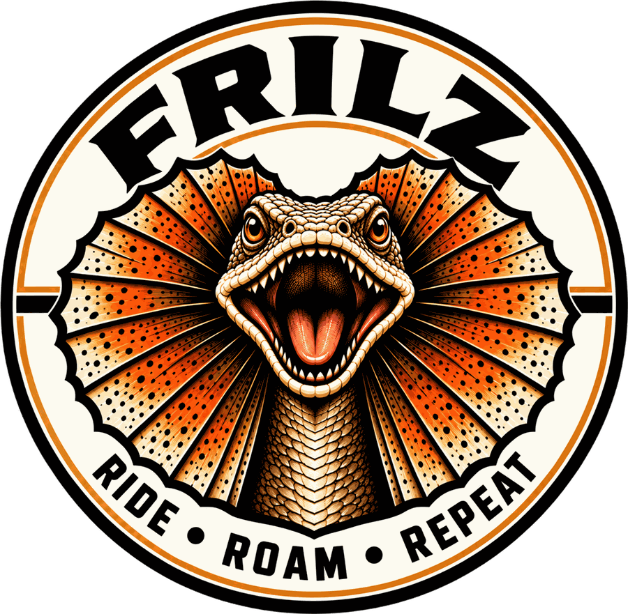 Frilz heritage badge: frilled lizard, Ride Roam Repeat